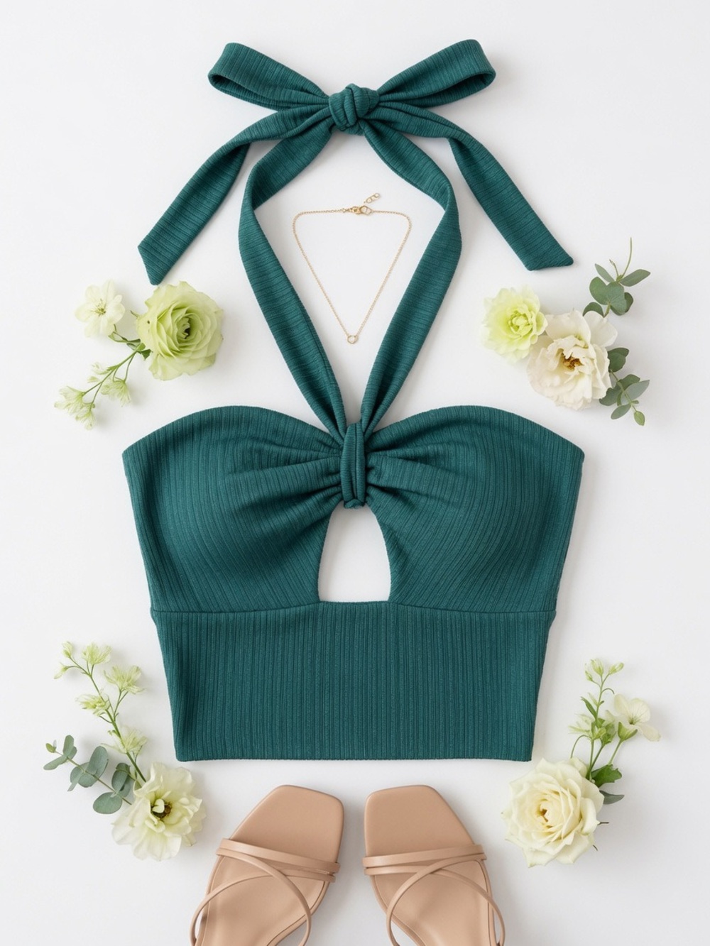 Le Lis Halter Ribbed Crop Top in Deep Teal Green
